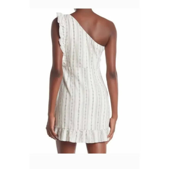 Linen Blend Sleeveless One Shoulder Mini Dress Ruffle Pinstripe Black & white S - Picture 13 of 14